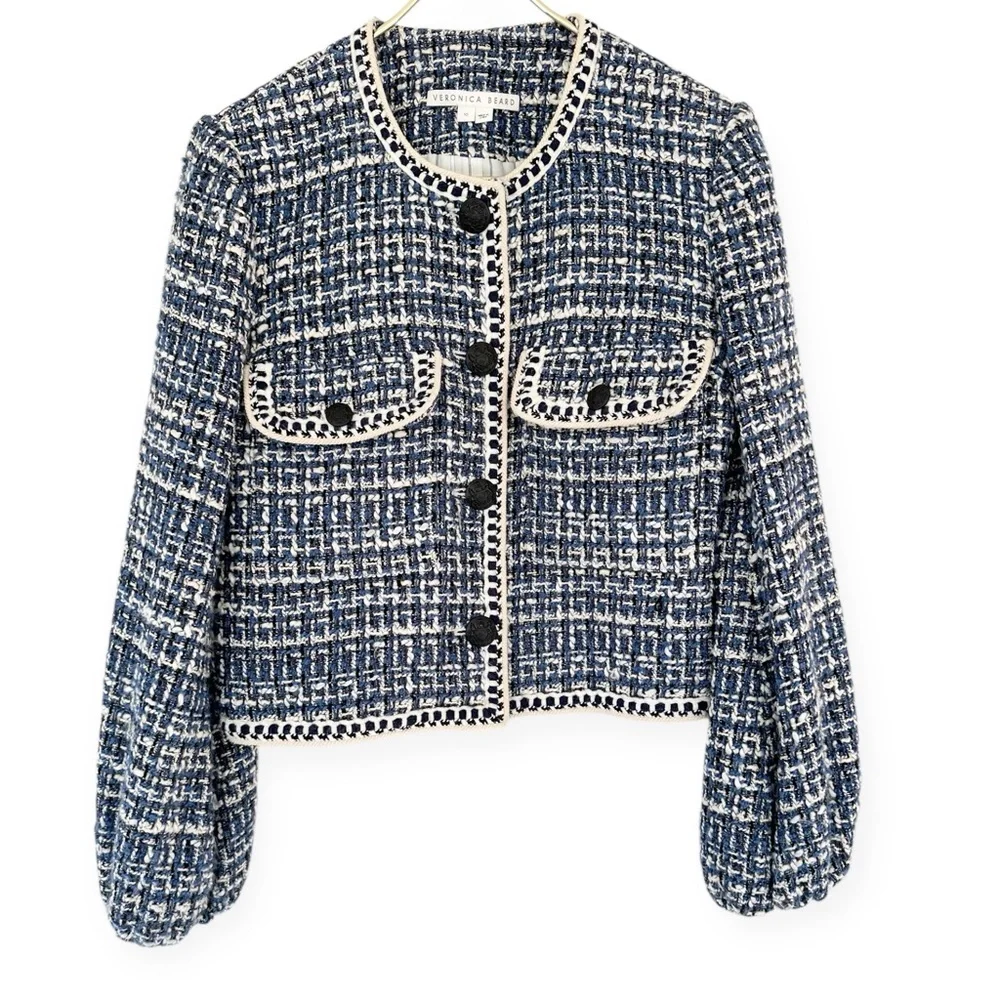 Veronica Beard • Brim Blue Tweed Cropped Jacket - Picture 2 of 16